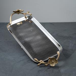 SS TRAY W/ GILDED FLORAL HANDLES