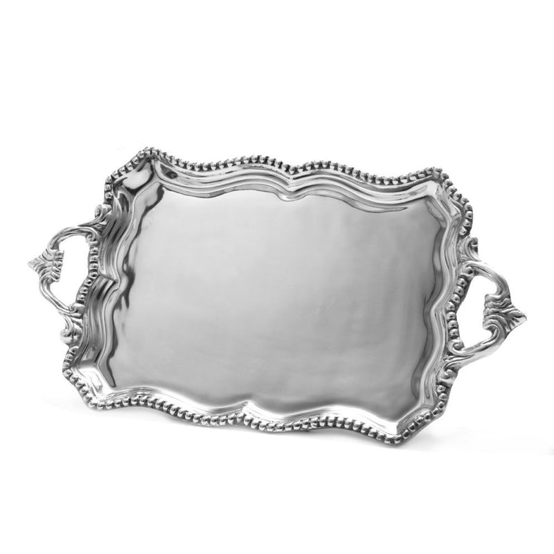 SCALLOPED EDGE BEADED TRAY W/ ORNATE HANDLES - Lily Fields Home