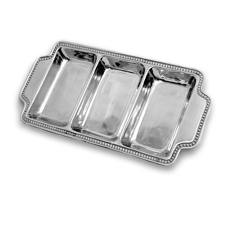 3 SECTION BEADED EDGE SERVING TRAY W/ HANDLES - Lily Fields Home